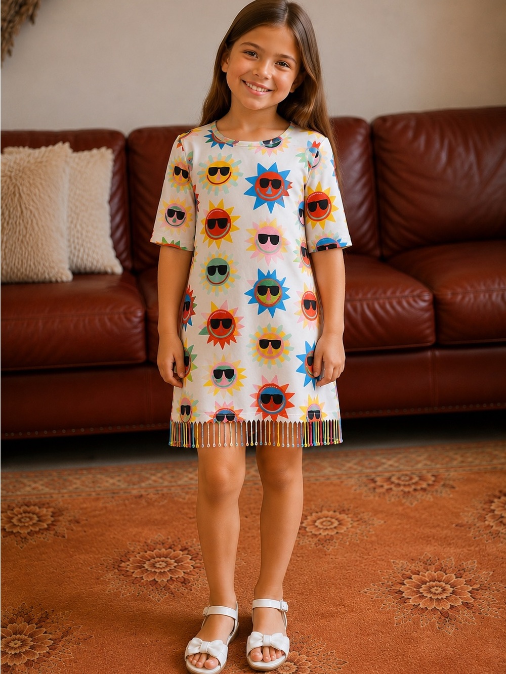 Stella McCartney Kids White Dress with Multicolor Sun Faces